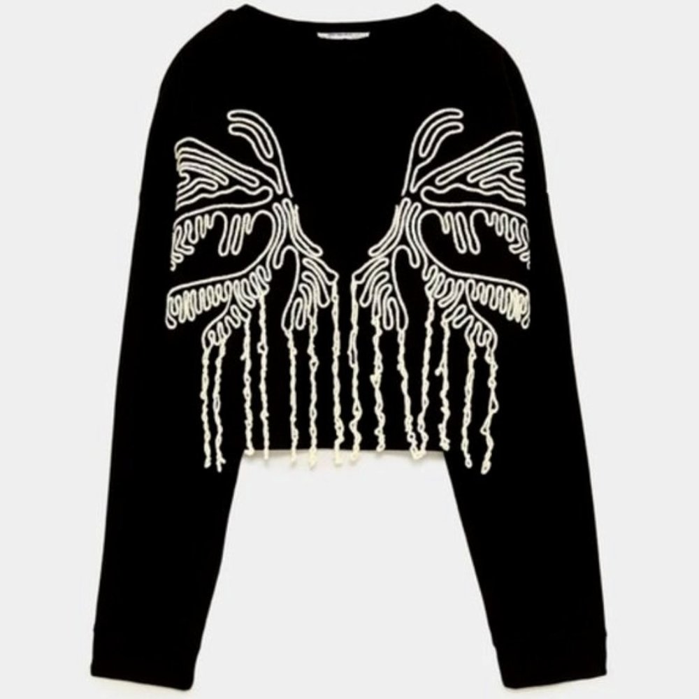Zara Black & White Embroidered Sweatshirt fringe